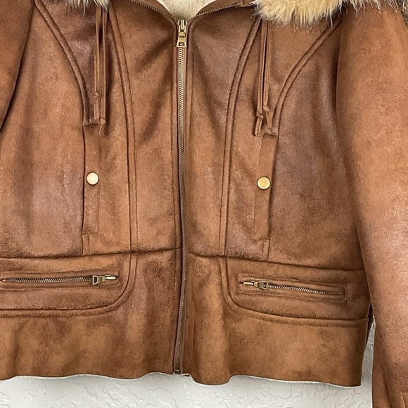 Women’s New York Classics Faux Suede Zip Up Coat with Faux Fur Lined Hood Sz Lg - Picture 3 of 12